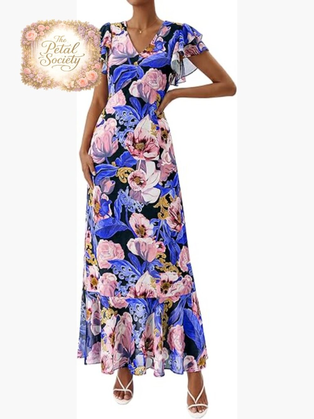 Floral Maxi Dress with V-Neck Ruffle Sleeves for Wedding Guest Beach